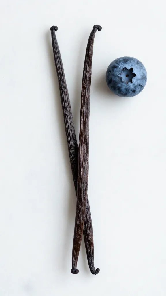 single split vanilla bean on marble beside blueberry smudge