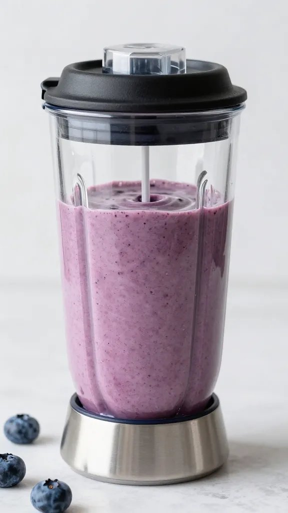 stainless blender jar with creamy blueberry keto smoothie swirl