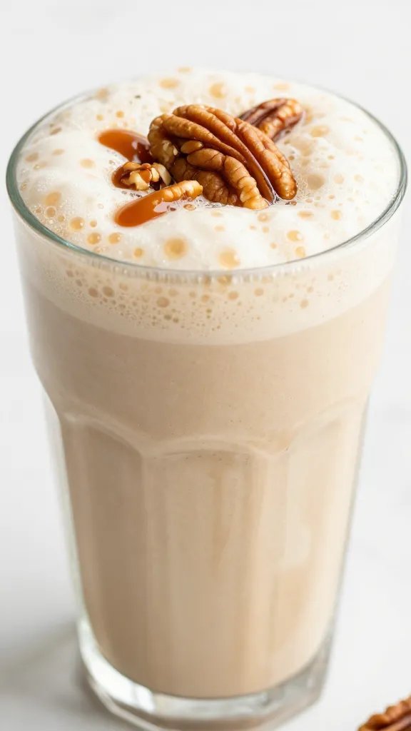 closeup caramel pecan keto smoothie in clear glass, frothy