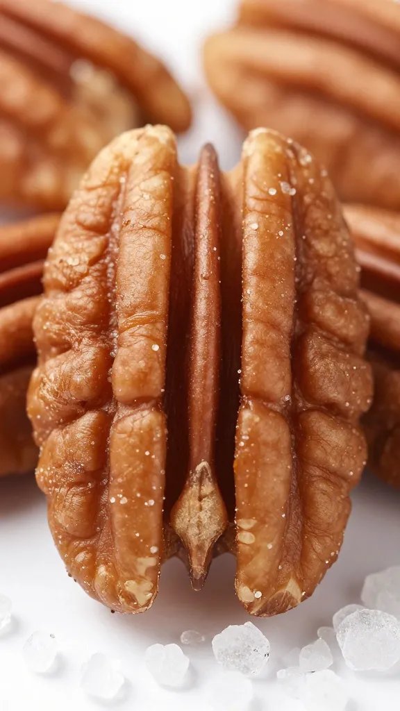 macro shot of roasted pecans with coarse sea salt