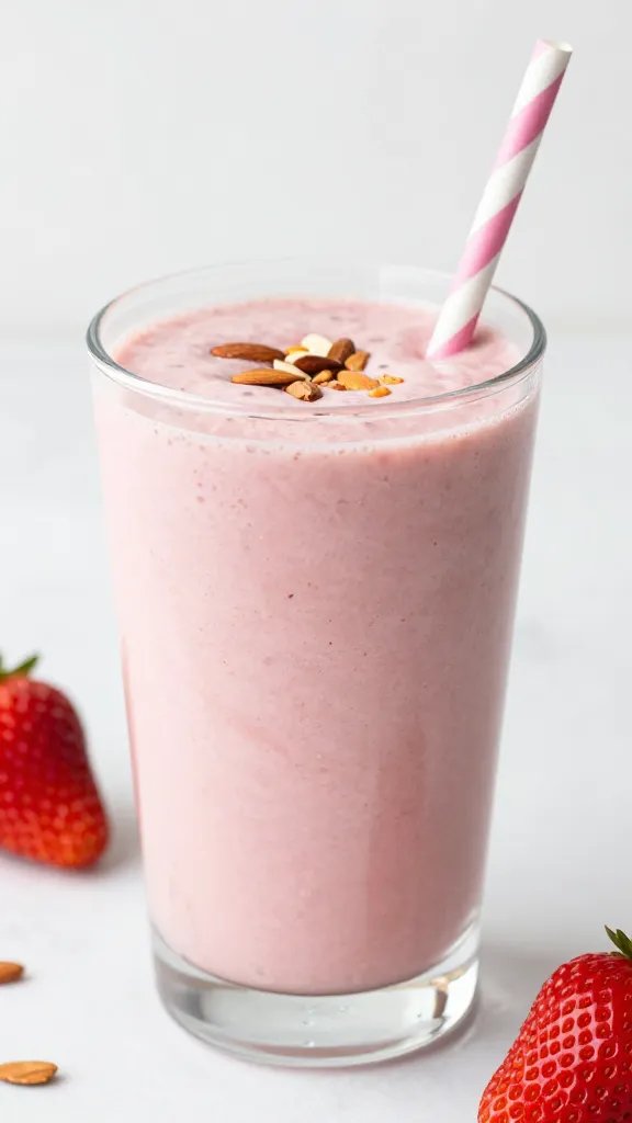 frosty strawberry almond cream keto smoothie in clear glass