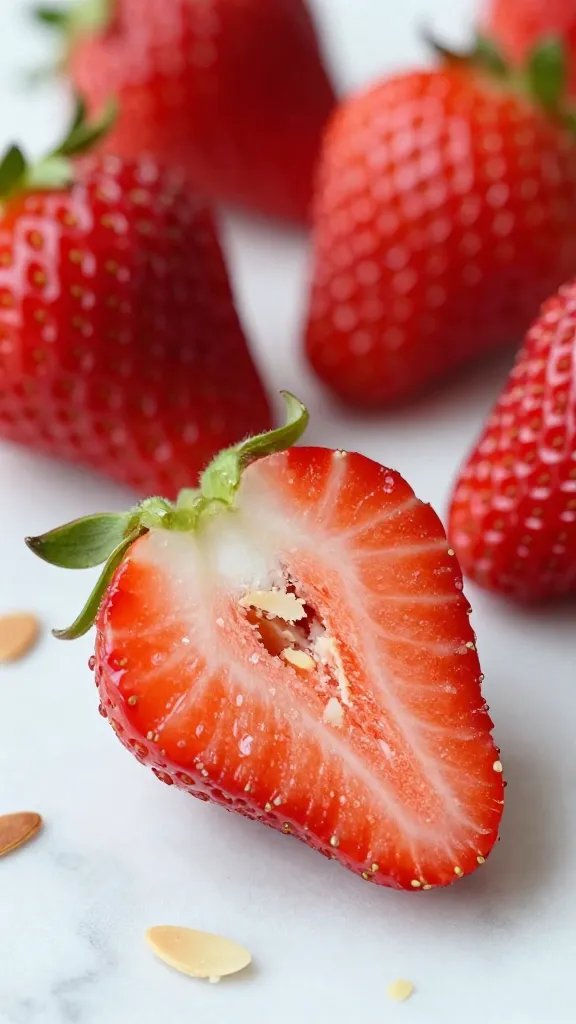 closeup of fresh strawberry half with almond flakes on marble