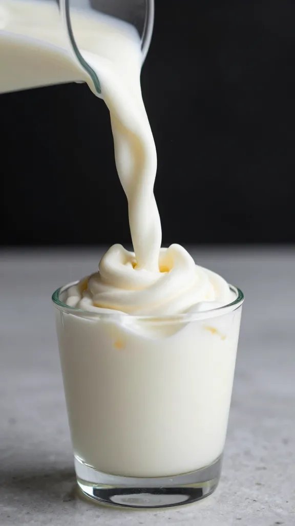 heavy whipping cream swirl pouring into almond milk, macro shot