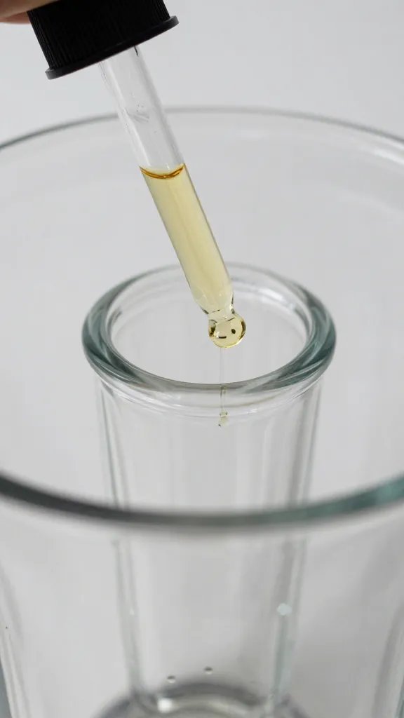 vanilla extract dropper over blender jar, macro shot