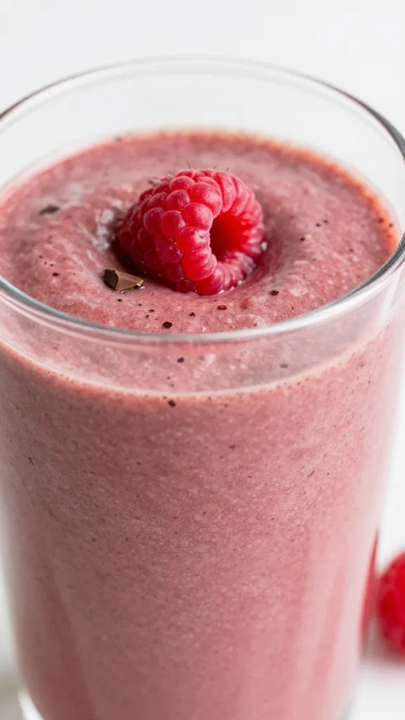 closeup raspberry chocolate keto smoothie in clear glass