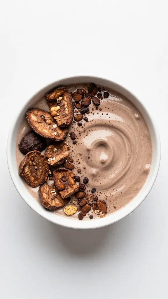 overhead shot cacao-dusted keto smoothie bowl, minimal backdrop