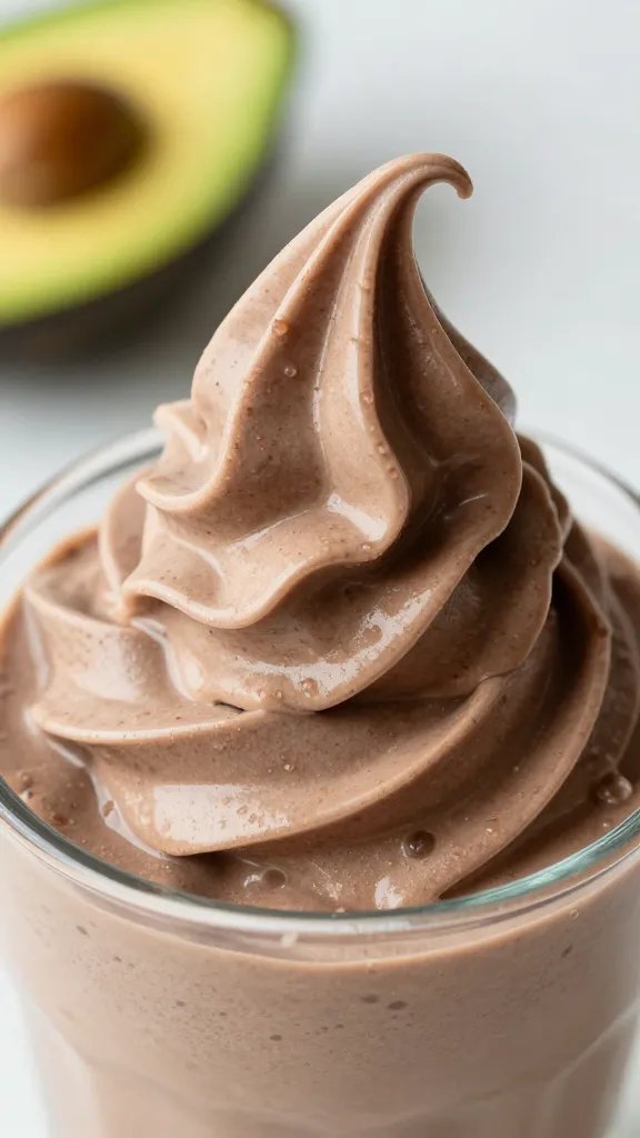 macro shot avocado-chocolate keto smoothie swirl in tumbler