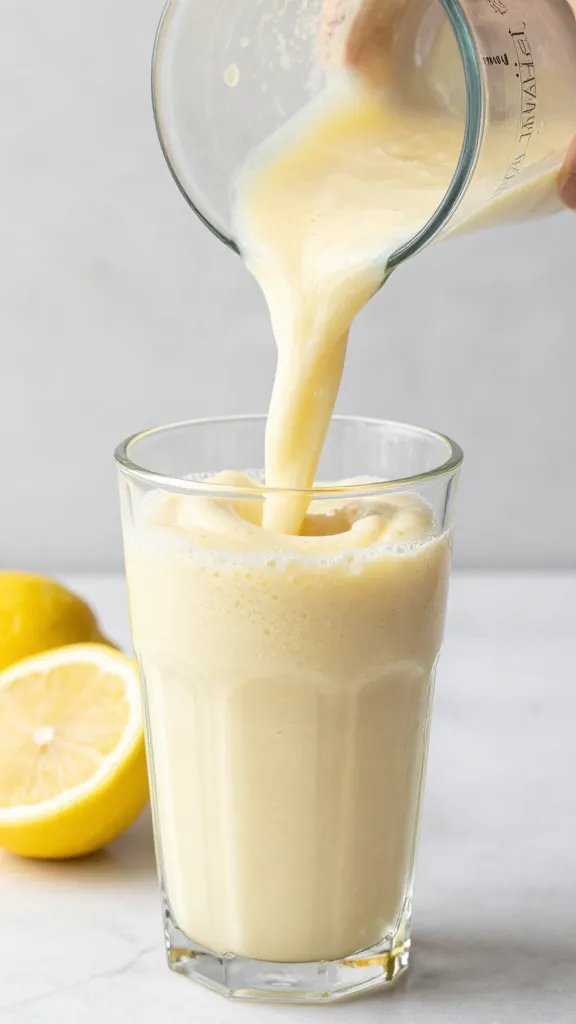 frosty blender pour of lemon keto smoothie, high key lighting