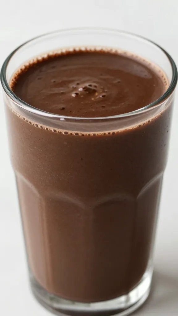 closeup dark chocolate espresso keto smoothie in clear glass