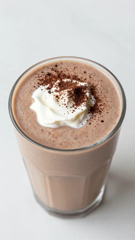 overhead shot cacao-dusted smoothie topped with coconut cream