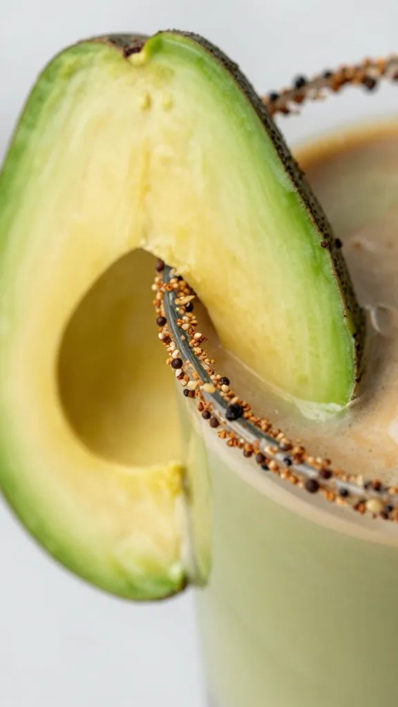 macro view avocado slice beside espresso-swirled smoothie rim