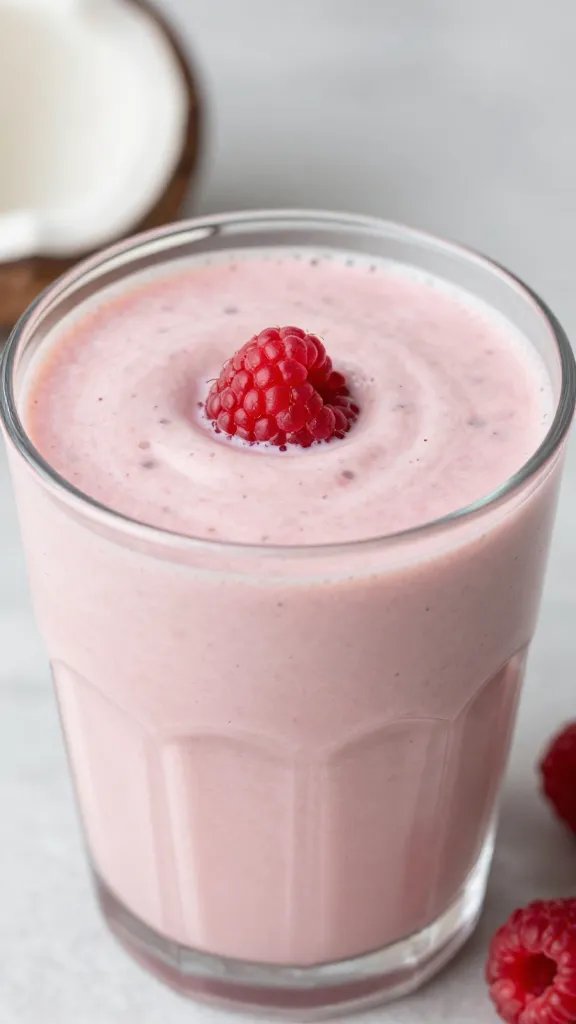 closeup raspberry coconut cream keto smoothie in clear glass