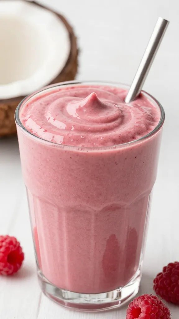 spoonful of thick raspberry coconut keto smoothie, glossy texture