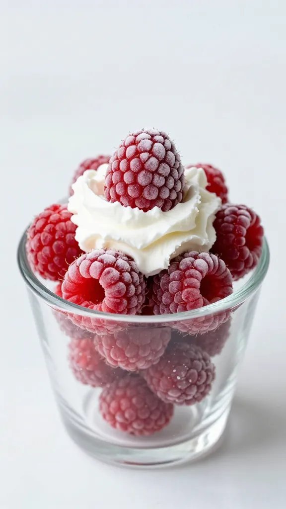 frozen raspberries with coconut cream dollop, macro shot