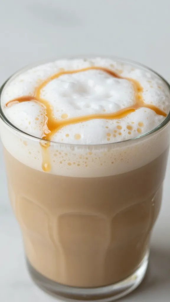 closeup caramel latte keto smoothie in clear glass, frothy top