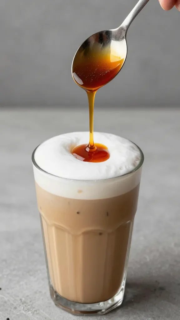 spoon drizzling sugar-free caramel syrup into iced keto latte