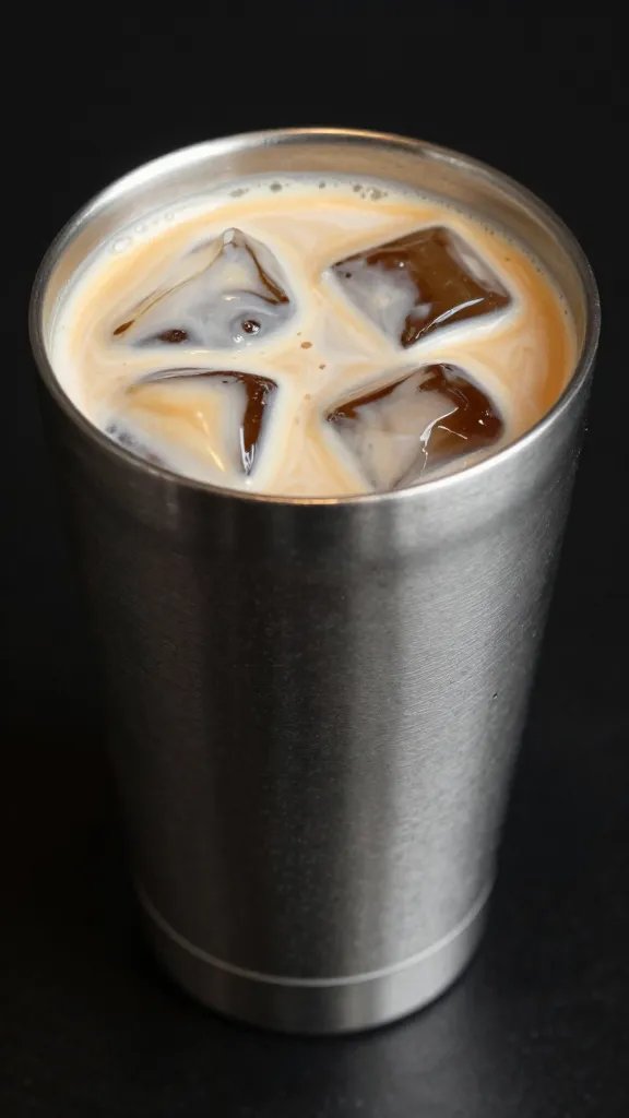 stainless tumbler of cold brew with heavy cream swirl, macro shot