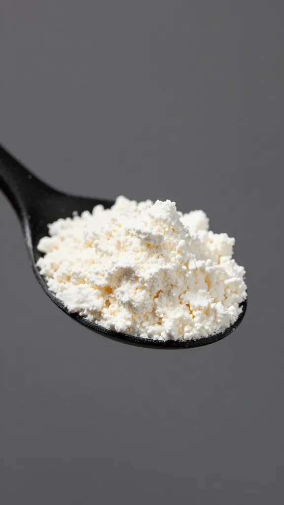 single scoop of collagen powder on matte black spoon