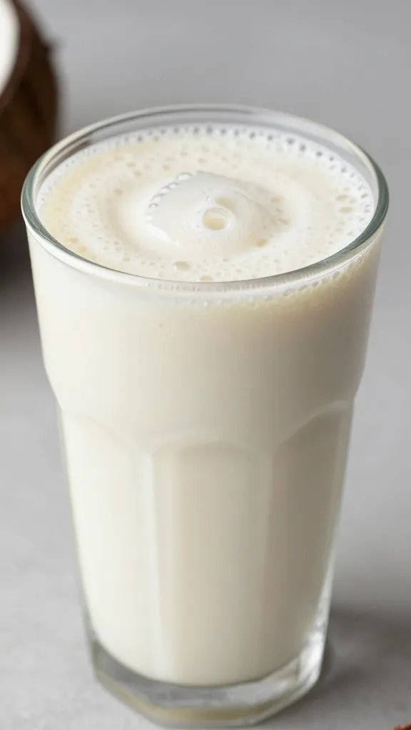 stainless steel blender cup with creamy coconut smoothie, closeup