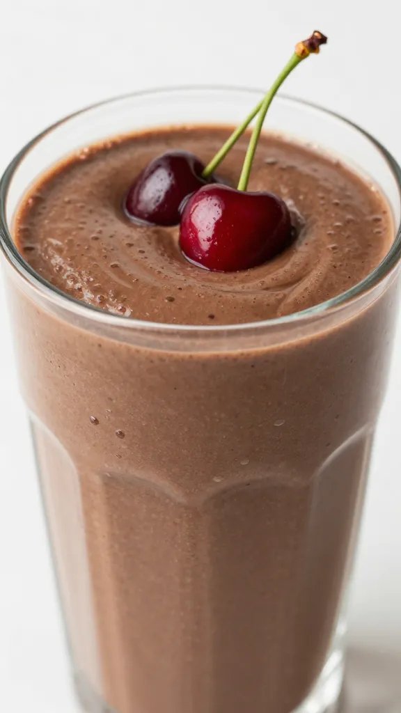 closeup chocolate cherry keto smoothie in frosty glass