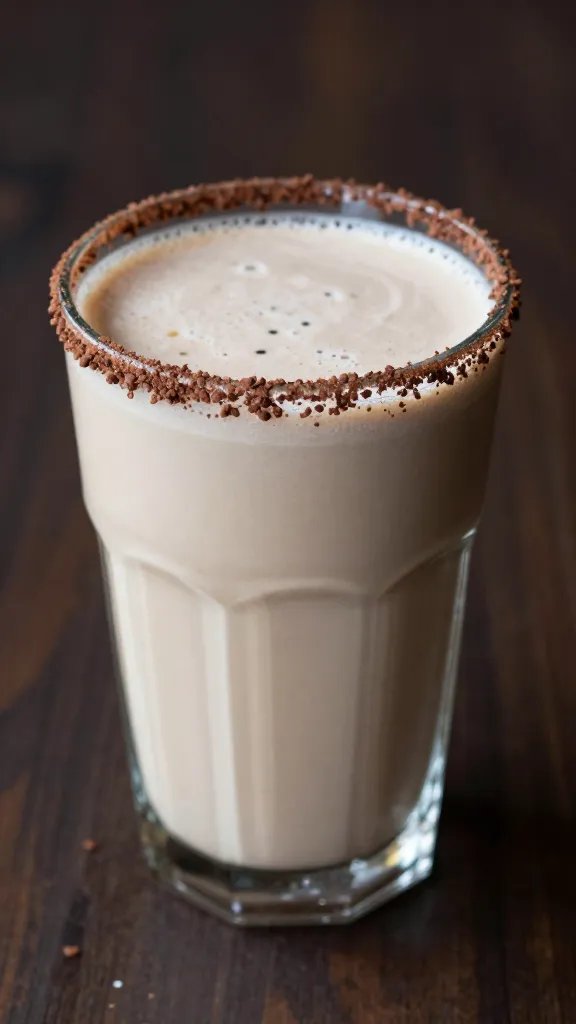 single glass of keto smoothie with cocoa-dusted rim