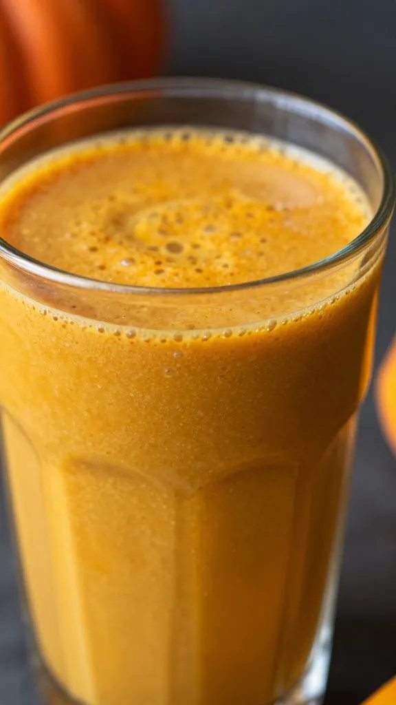 closeup keto spiced pumpkin smoothie in clear glass, moody light