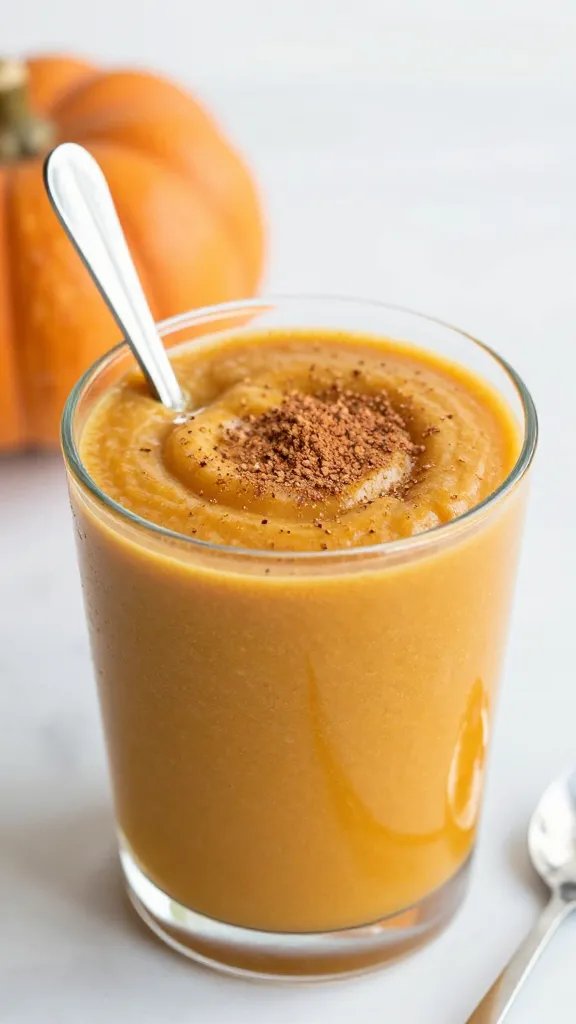 spoonful of thick pumpkin cream smoothie, cinnamon-dusted, macro shot