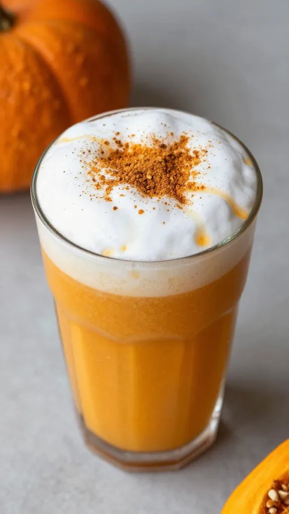 overhead shot of single pumpkin smoothie topped with nutmeg, latte foam