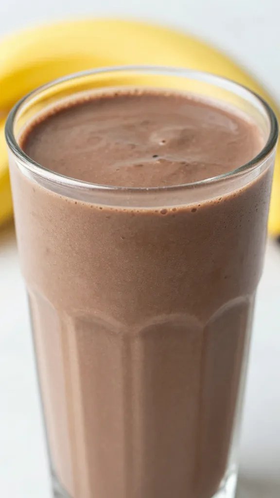 closeup keto chocolate banana smoothie in frosted glass