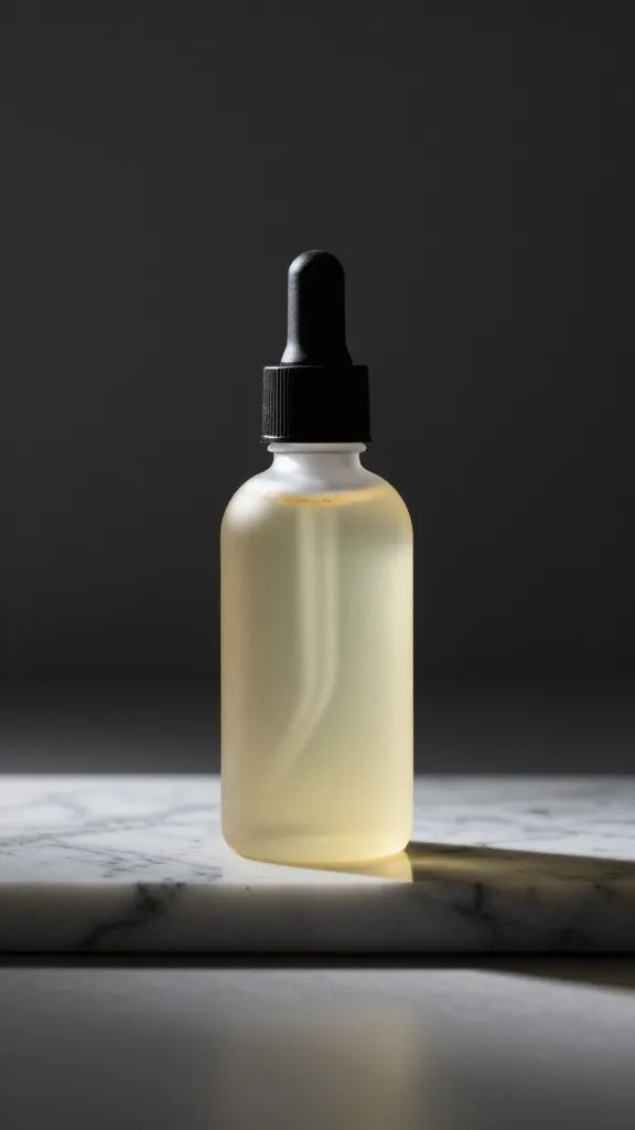 banana extract bottle on marble, dramatic studio light