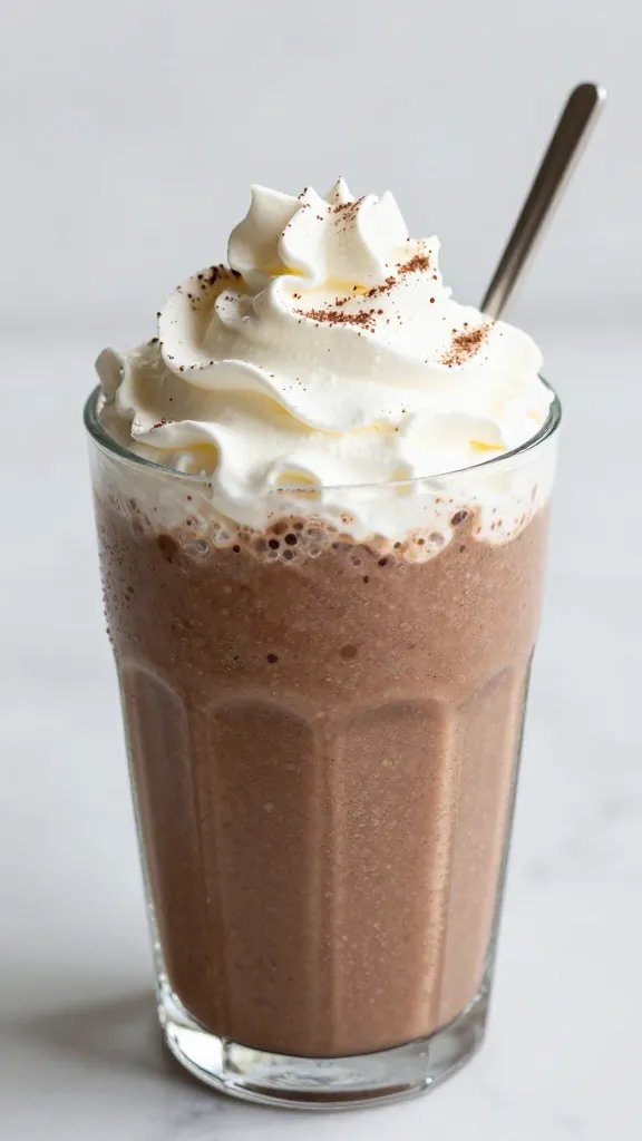 cocoa-dusted keto smoothie topped with whipped cream, macro shot