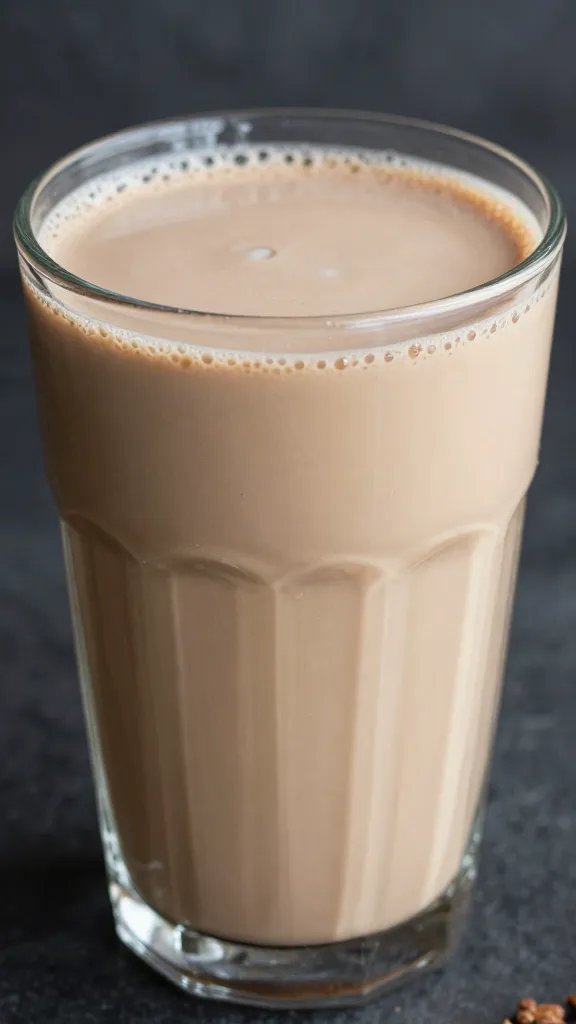 closeup coconut mocha keto smoothie in clear glass, moody lighting