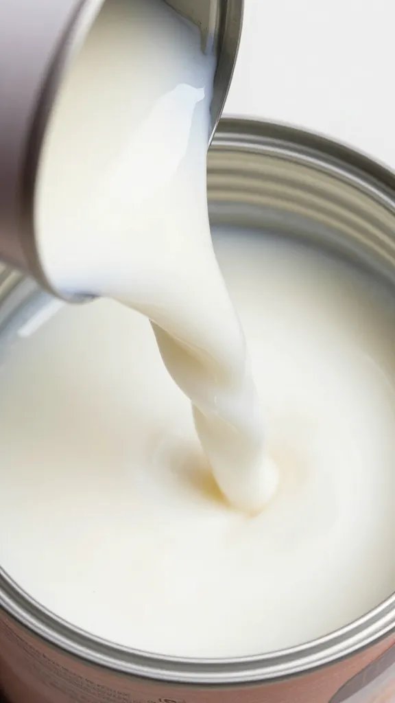 overhead shot of full-fat canned coconut milk being poured