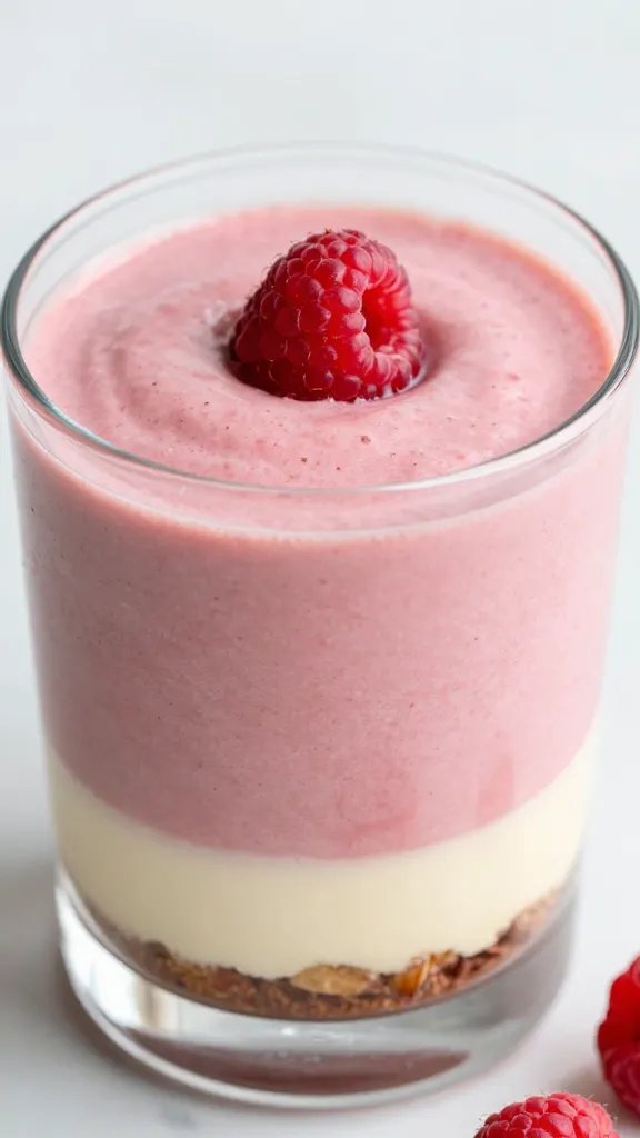 closeup raspberry almond cheesecake keto smoothie in clear glass