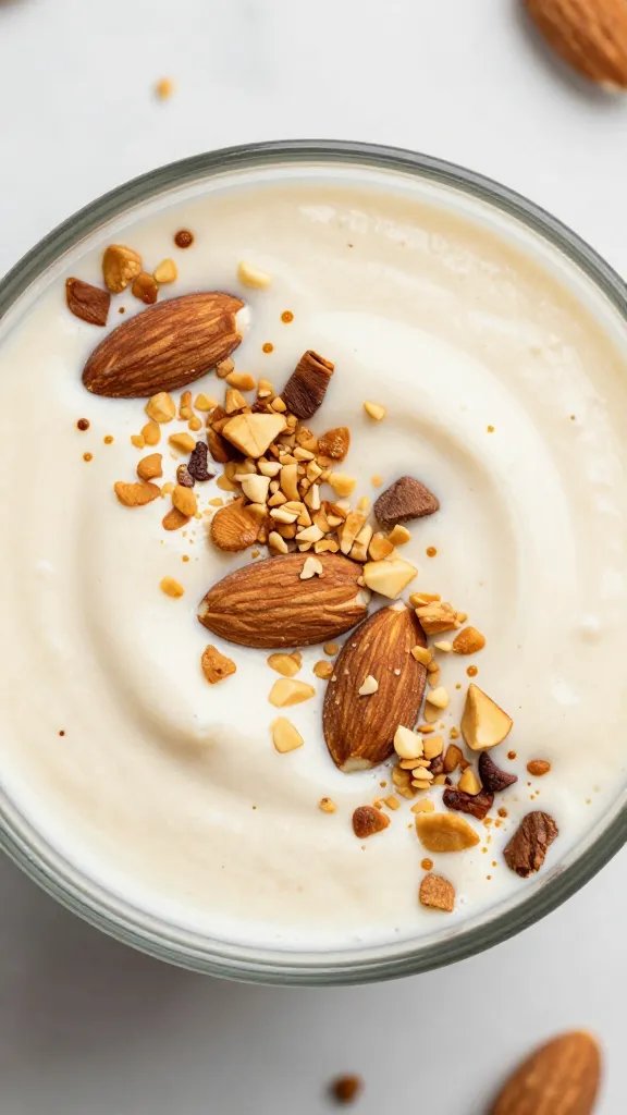overhead shot of creamy keto smoothie topped with crushed almonds