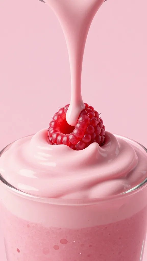 macro of blender pour stream, thick raspberry cheesecake smoothie