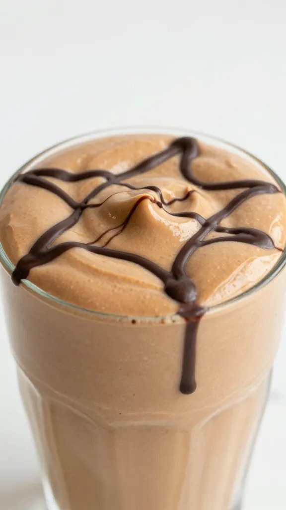 closeup keto peanut butter cup smoothie in glass, chocolate drizzle