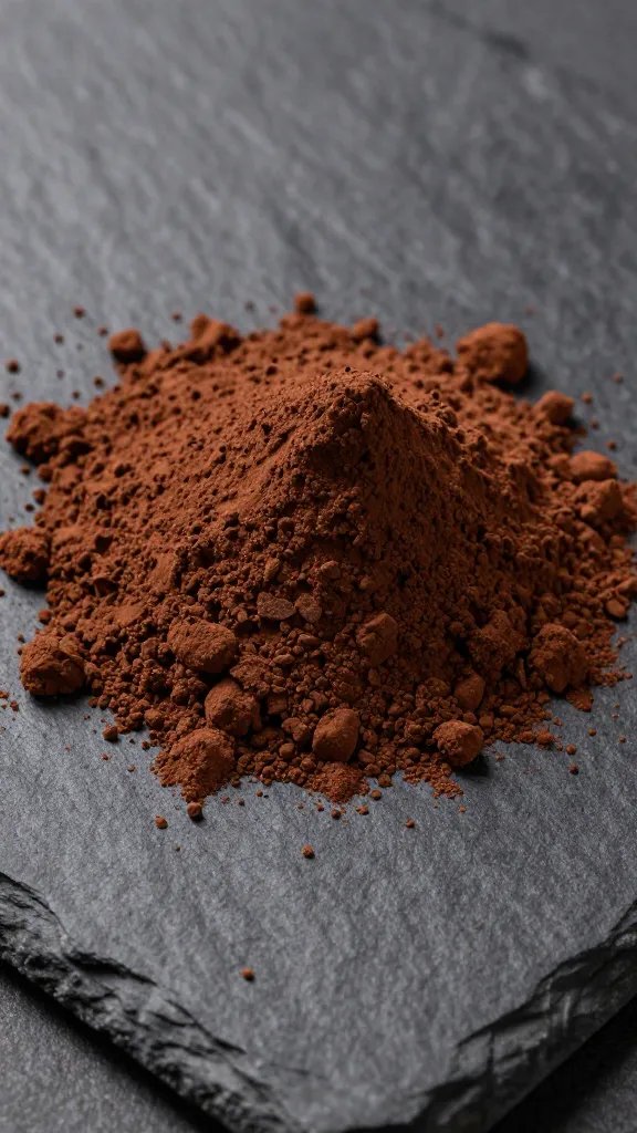 heaped mound of dark cocoa powder on black slate