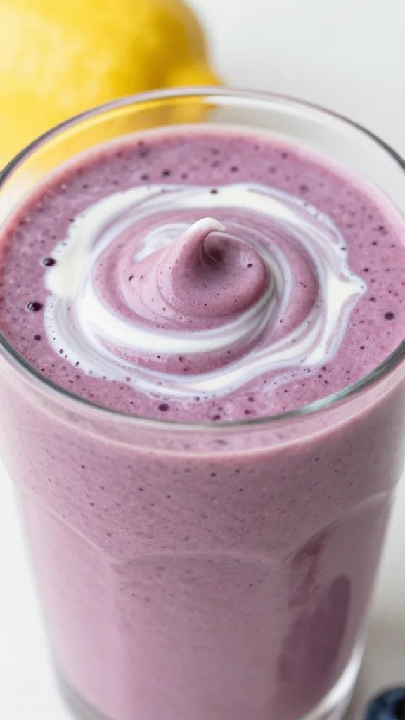 closeup blueberry lemon keto smoothie in clear glass, creamy swirl