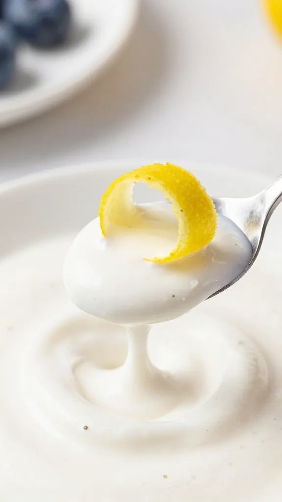 single lemon zest curl on spoon over blueberry-specked cream