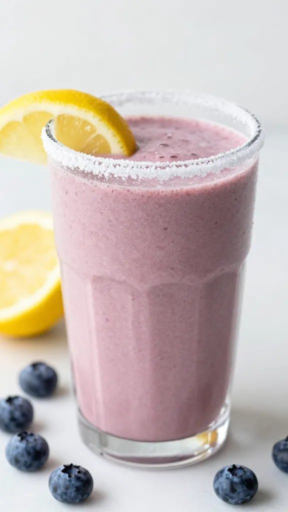 frosty glass rim with lemon wedge beside blueberry keto smoothie