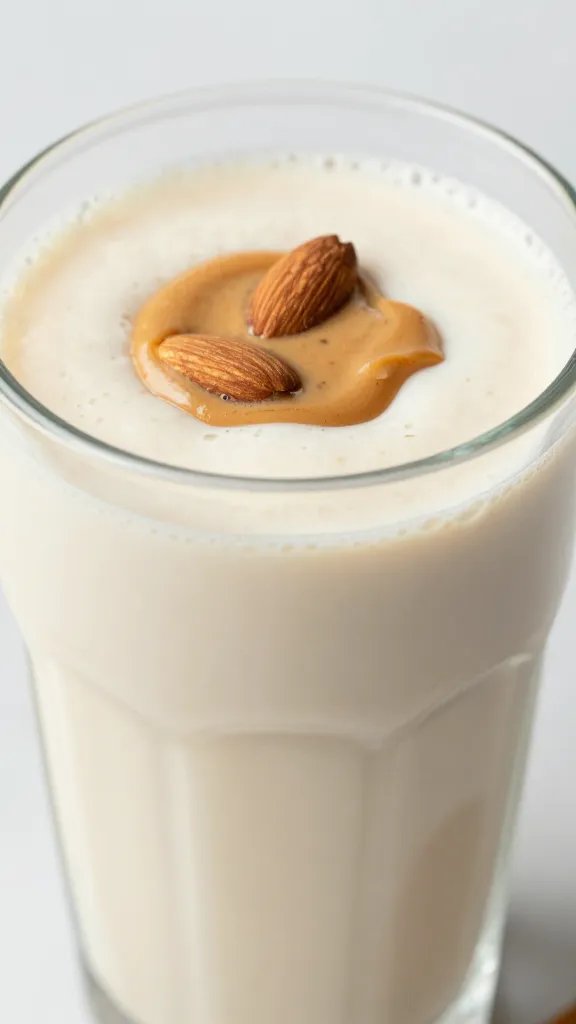 closeup keto vanilla almond butter smoothie in frosted glass