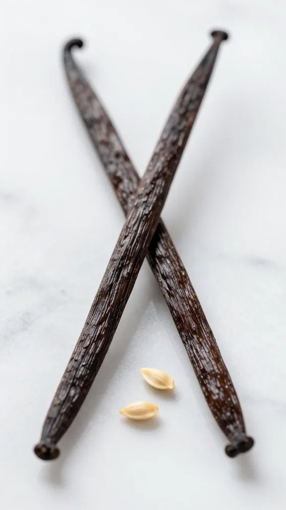 vanilla bean pod and seeds on marble, macro shot
