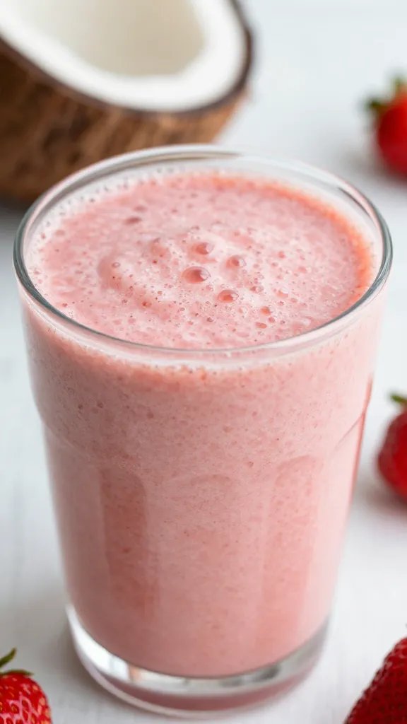 closeup strawberry coconut keto smoothie in clear glass, frosty