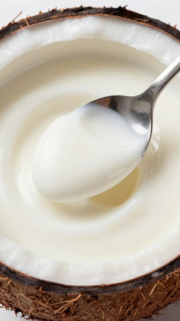 spoonful of thick coconut cream, glossy texture, studio lighting