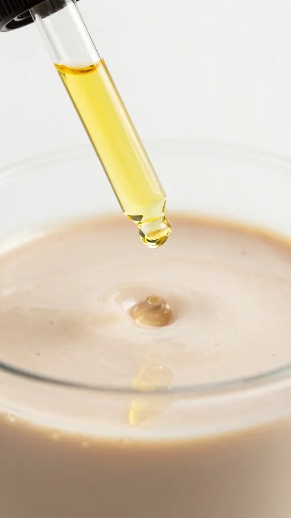 MCT oil dropper above smoothie surface, single droplet in focus