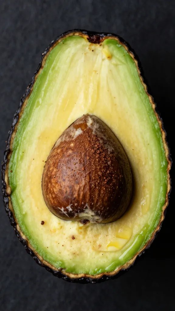 macro shot of cocoa-dusted avocado half, dark background