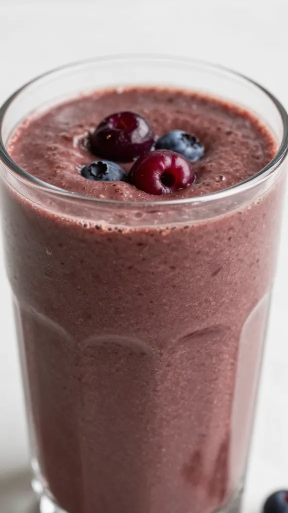 closeup dark chocolate berry keto smoothie in clear glass