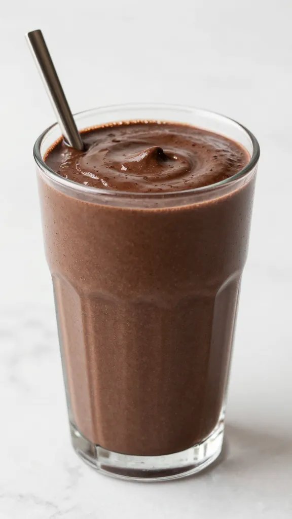 spoonful of thick dark chocolate smoothie with berry flecks