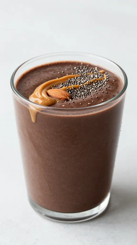 almond-butter-drizzled dark chocolate smoothie topped with chia seeds